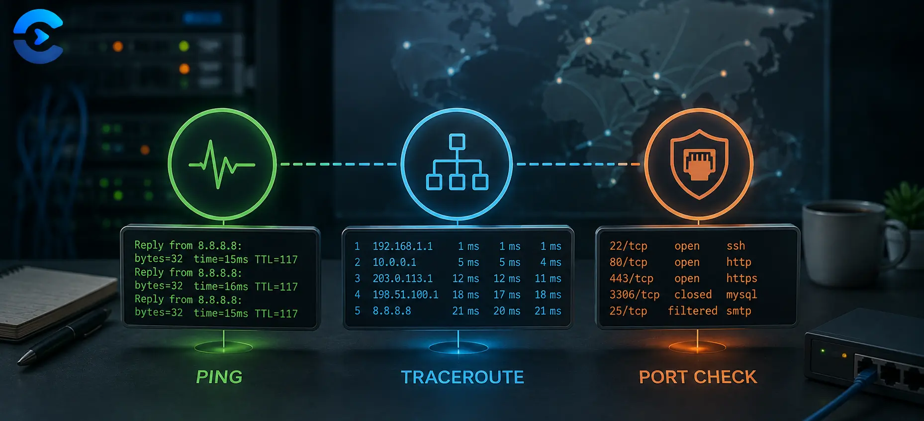 Ping vs Traceroute vs Port Scan