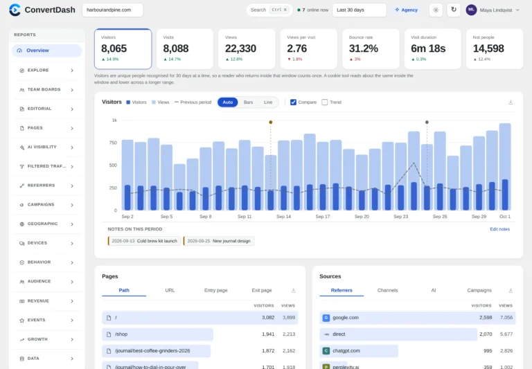 Best web analytics tools compared: the ConvertDash overview report